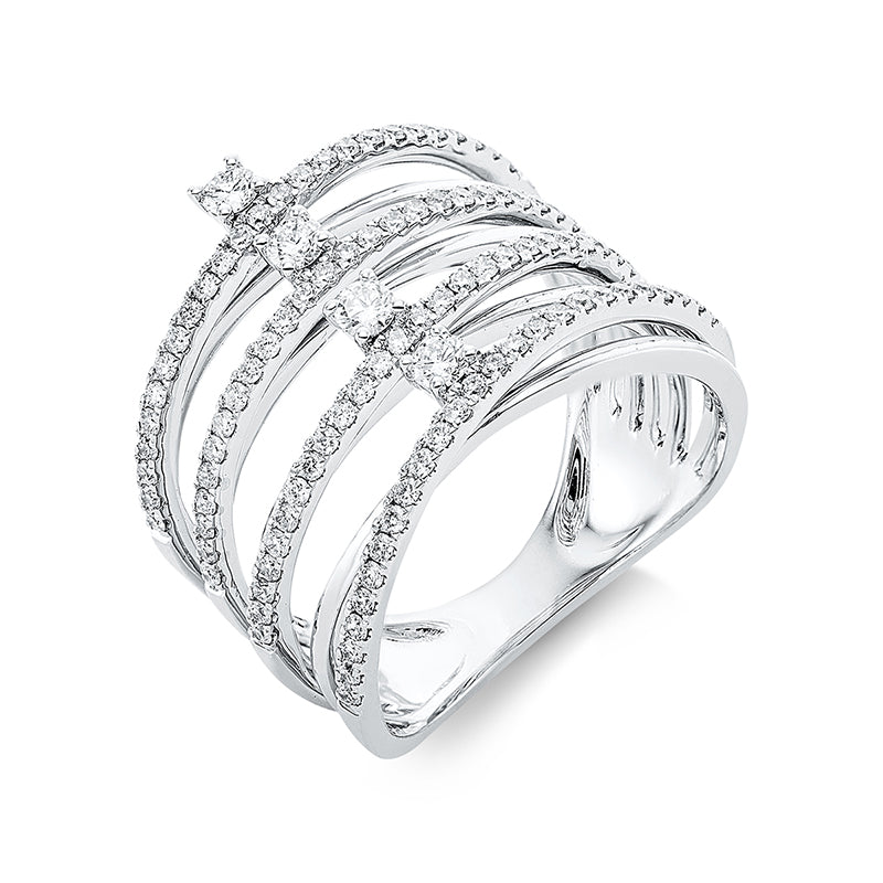 Ring 18 kt WG. 4 Brillanten 0.20 ct. TW-si. 100 Brillanten 0.53 ct. TW-si. H:16.5 mm. Weite:54