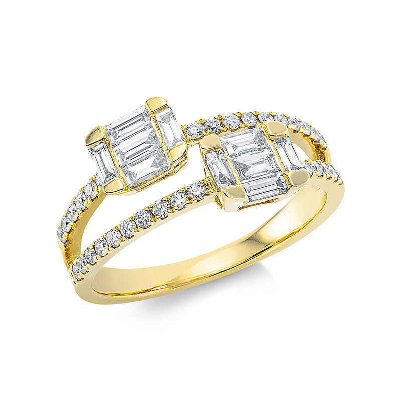 Ring 18 kt GG. 10 Baguette 0.56 ct. TW-si. 32 Brillanten 0.26 ct. TW-si. H:13.0 mm. B:9.2 mm. Weite:54
