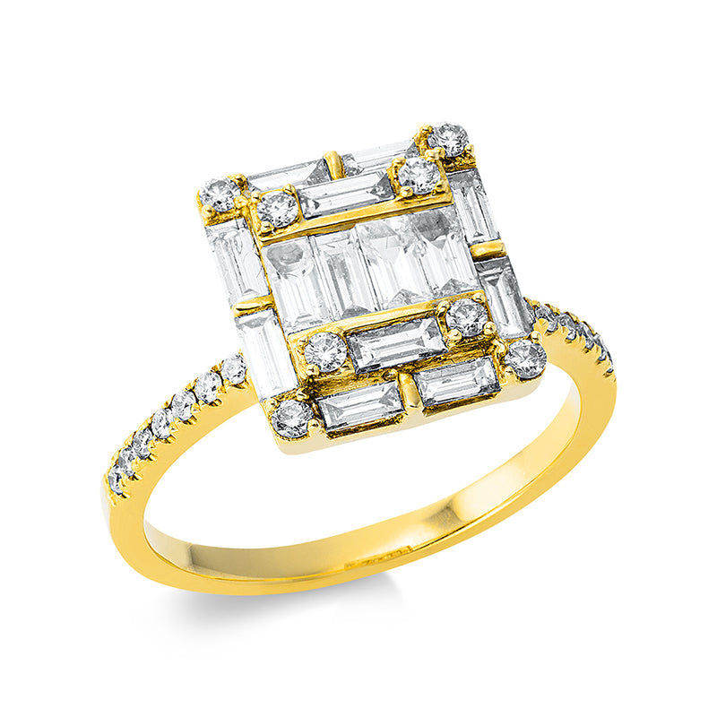 Ring 18 kt GG. 4 Baguette 0.20 ct. TW-si. 10 Baguette 0.72 ct. TW-si. 22 Brillanten 0.21 ct. TW-si. H:10.2 mm. B:11.1 mm. Weite:54
