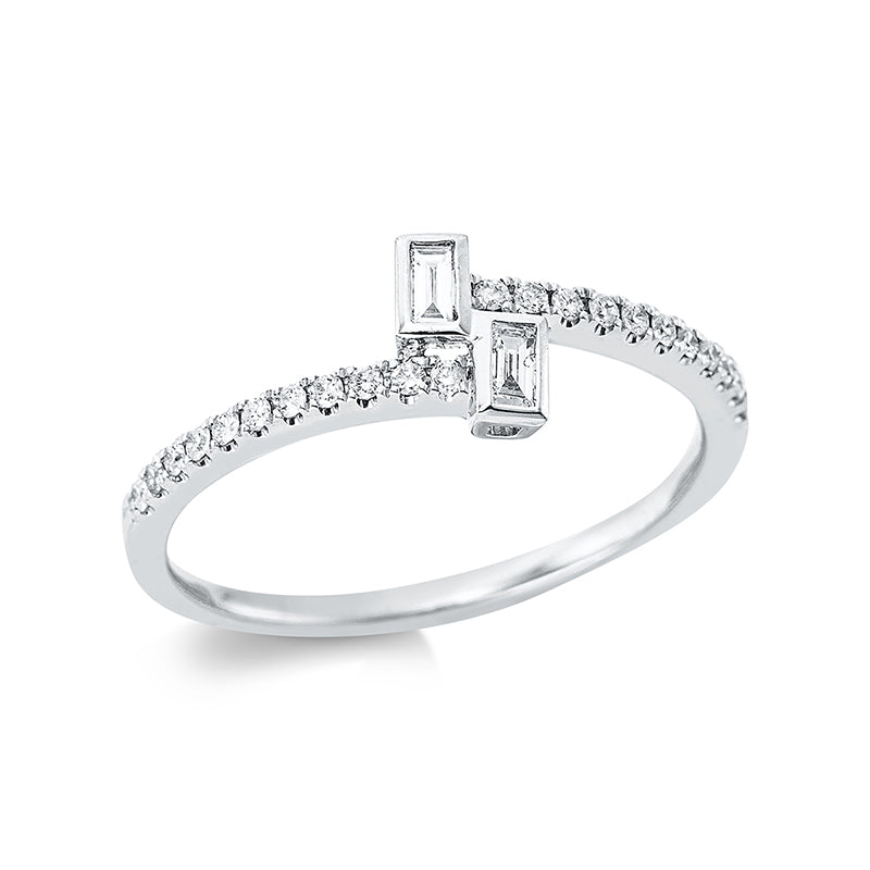 Ring 18 kt WG. 2 Baguette 0.09 ct. TW-si. 22 Brillanten 0.13 ct. TW-si. H:4.8 mm. B:6.4 mm. Weite:54
