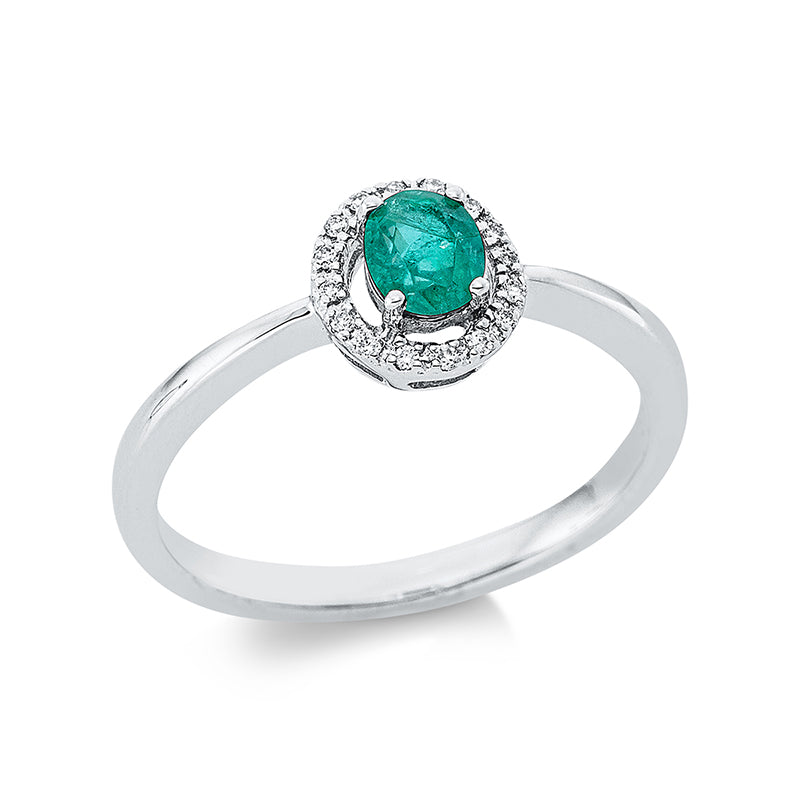 Ring 4er-Krappe 18 kt WG. 16 Brillanten 0.05 ct. TW-pi. 1 Smaragd 0.35 ct grün. Weite:53