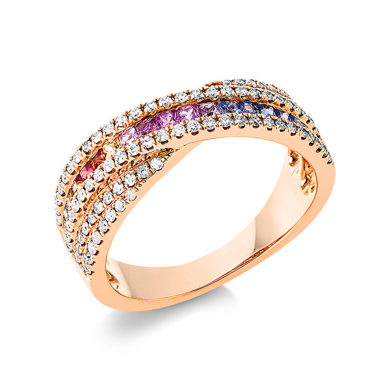 Ring 18 kt RG. 92 Brillanten 0.39 ct. TW-si. 16 Saphire 0.42 ct fancy. 3 Saphire 0.10 ct pink. B:6.7 mm. Weite:54