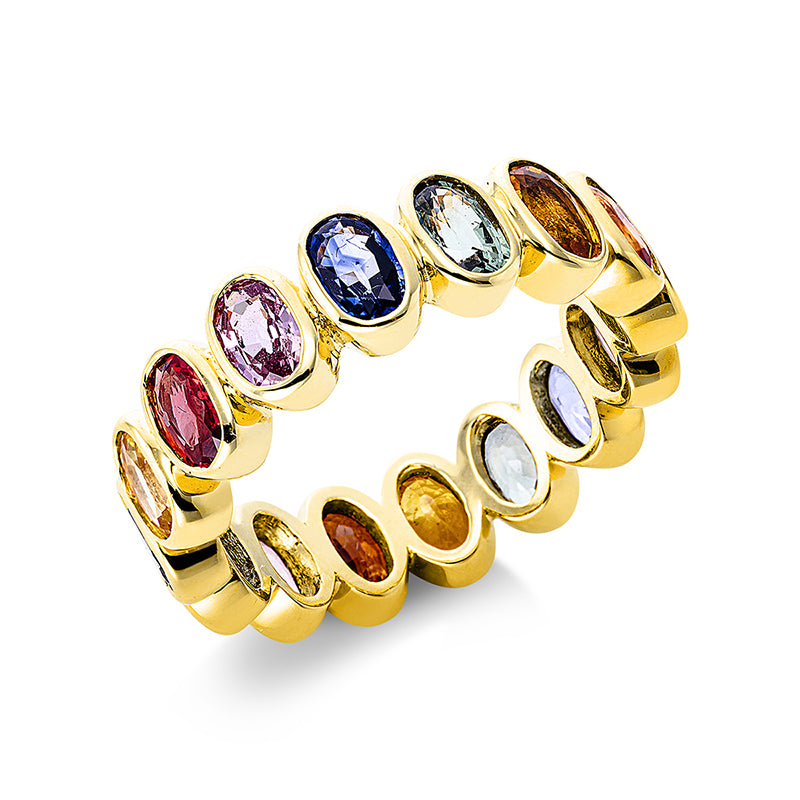 Ring 18 kt GG. 16 Saphire 4.79 ct fancy. B:6.0 mm. Weite:54