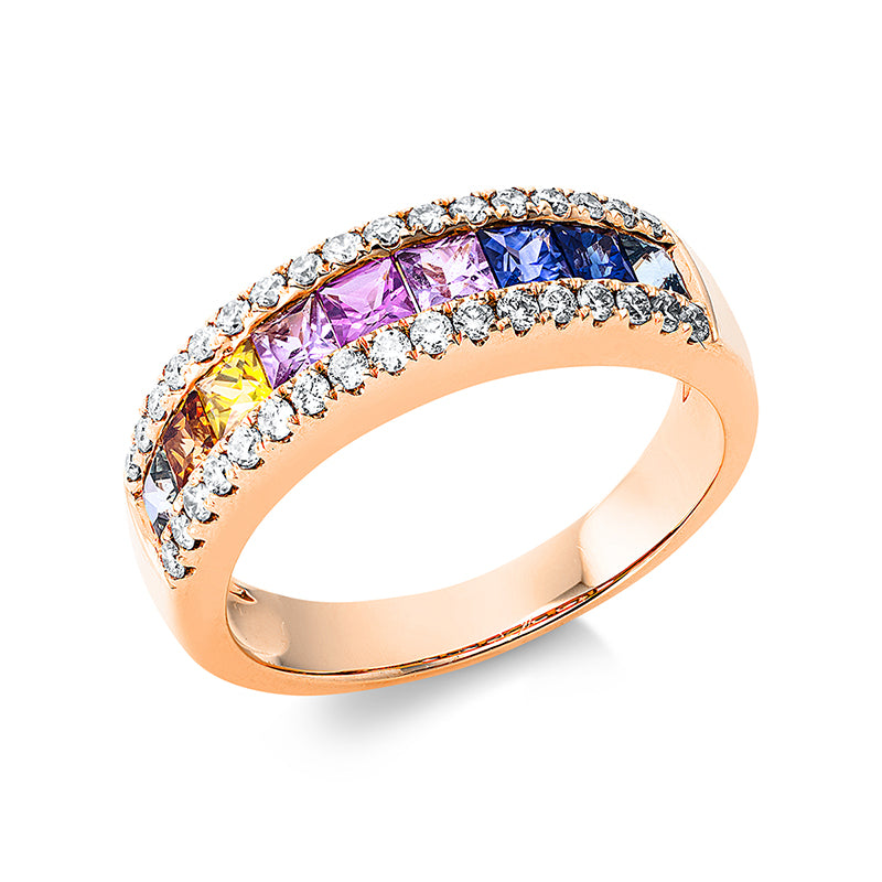 Ring 18 kt RG. 34 Brillanten 0.35 ct. TW-si. 9 Saphire 1.12 ct fancy. B:5.7 mm. Weite:54
