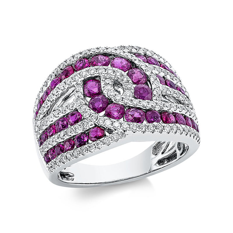 Ring 18 kt WG. 138 Brillanten 0.66 ct. TW-si. 10 Rubine 0.61 ct rot. 32 Rubine 1.70 ct rot. H:15.0 mm. Weite:54