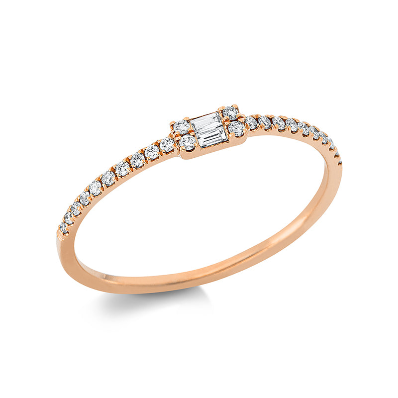 Ring 18 kt RG. 2 Baguette 0.02 ct. TW-vsi/si. 24 Brillanten 0.09 ct. TW-si. H:4.5 mm. B:2.3 mm. Weite:53