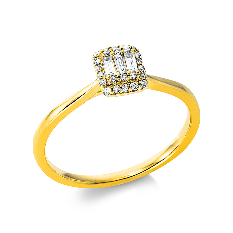 Ring 18 kt GG. 3 Baguette 0.06 ct. TW-vsi/si. 24 Brillanten 0.07 ct. TW-si. H:5.2 mm. B:6.0 mm. Weite:53
