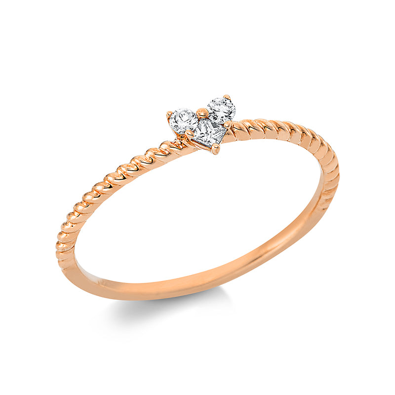 Ring 18 kt RG Herz. 1 Princ. 0.04 ct. TW-si. 2 Brillanten 0.06 ct. TW-pi. H:4.4 mm. B:3.7 mm. Weite:54