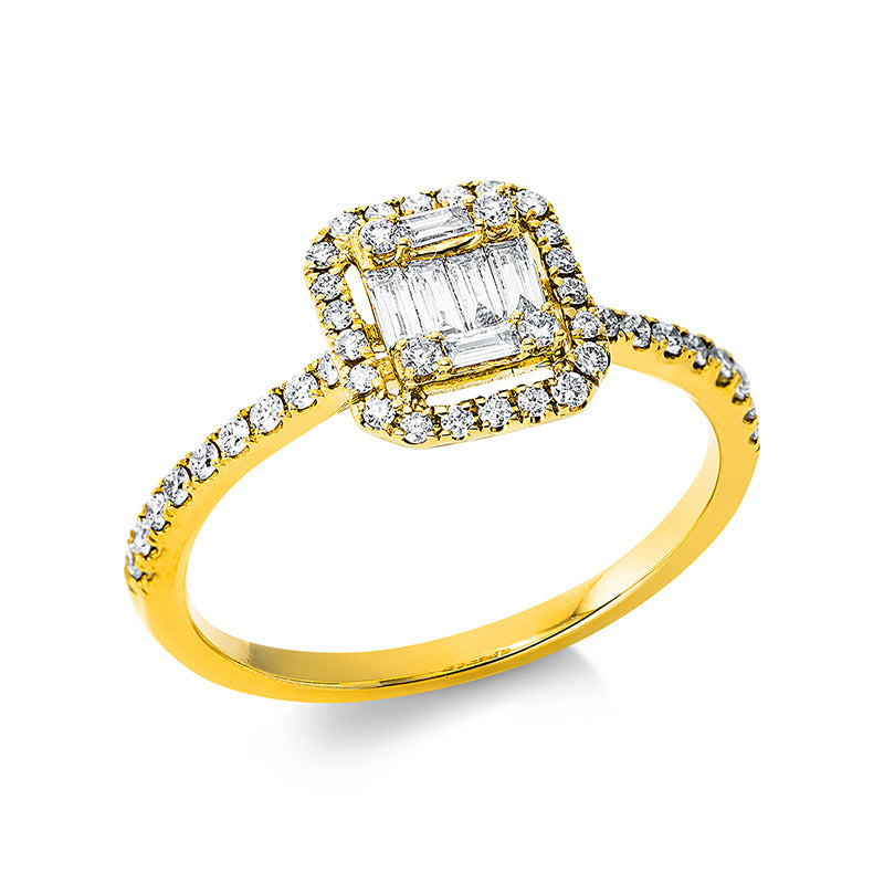 Ring 18 kt GG. 4 Baguette 0.08 ct. TW-vsi/si. 2 Baguette 0.02 ct. TW-vsi/si. 44 Brillanten 0.25 ct. TW-si. H:7.8 mm. B:8.4 mm. Weite:54