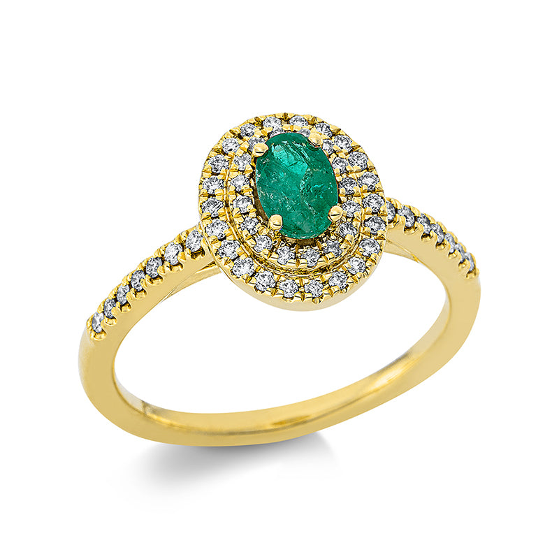 Ring 18 kt GG, 52 Brill. 0,23 ct, TW-pi, 1 Smaragd 0,42 ct grün