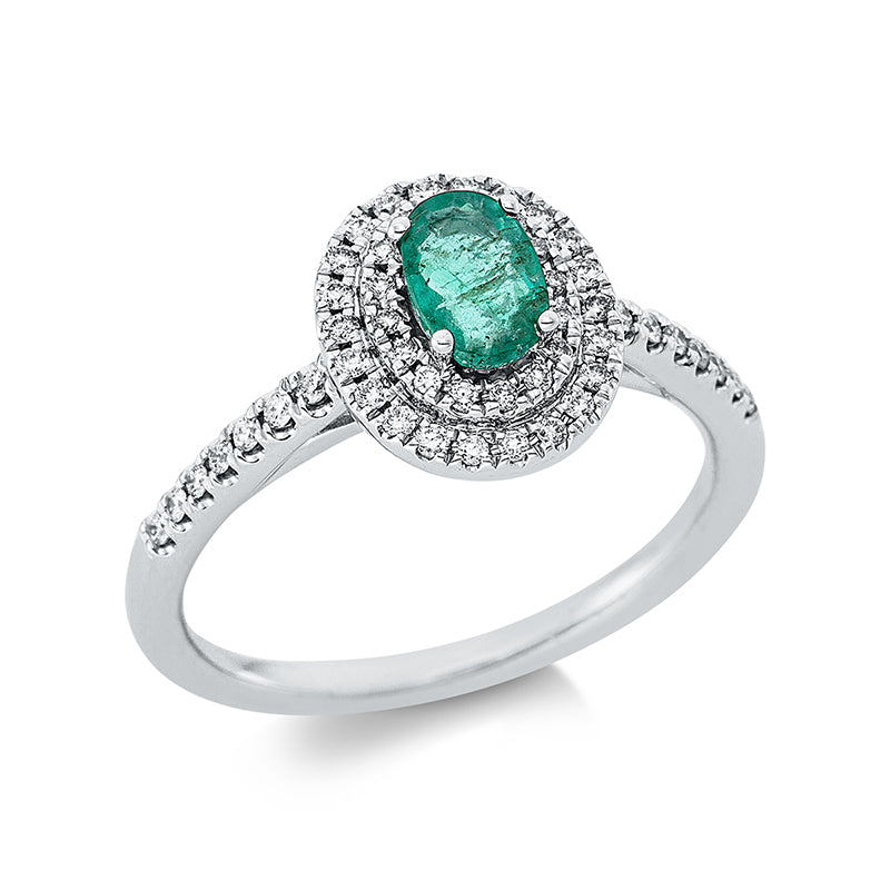 Ring 18 kt WG. 52 Brillanten 0.23 ct. TW-si. 1 Smaragd 0.42 ct grün. H:9.0 mm. B:10.6 mm. Weite:53