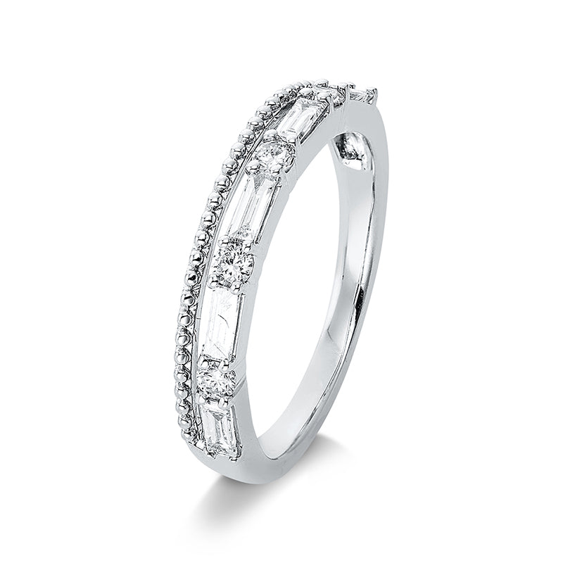 Ring 18 kt WG. 5 Baguette 0.24 ct. TW-vsi/si. 4 Brillanten 0.14 ct. TW-si. B:3.5 mm. Weite:53