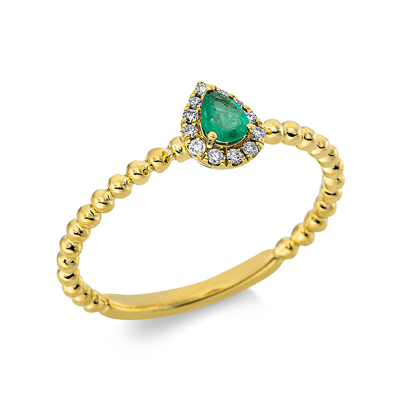 Ring 18 kt GG, 12 Brill. 0,05 ct, TW-pi, 1 Smaragd 0,13 ct grün