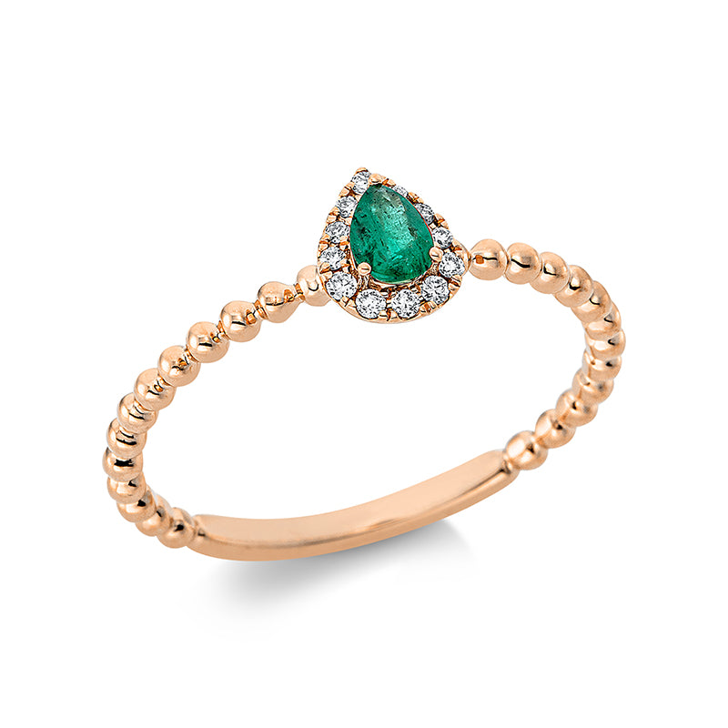 Ring 3er-Krappe 18 kt RG Tropfen. 12 Brillanten 0.05 ct. TW-pi. 1 Smaragd 0.14 ct grün. H:5.1 mm. B:6.6 mm. Weite:53