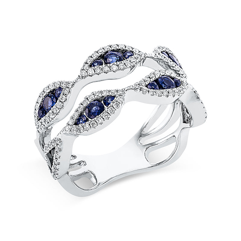 Ring 18 kt WG. 134 Brillanten 0.33 ct. TW-si. 21 Saphire 1.02 ct blau. B:9.4 mm. Weite:54