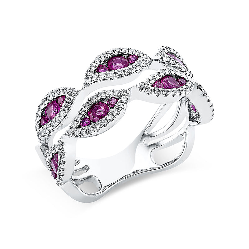 Ring 18 kt WG. 134 Brillanten 0.35 ct. TW-si. 7 Rubine 0.68 ct rot. 14 Rubine 0.20 ct rot. B:8.5 mm. Weite:54