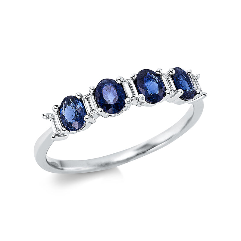 Ring 18 kt WG. 5 Baguette 0.12 ct. TW-si. 4 Saphire 0.92 ct blau. Weite:54