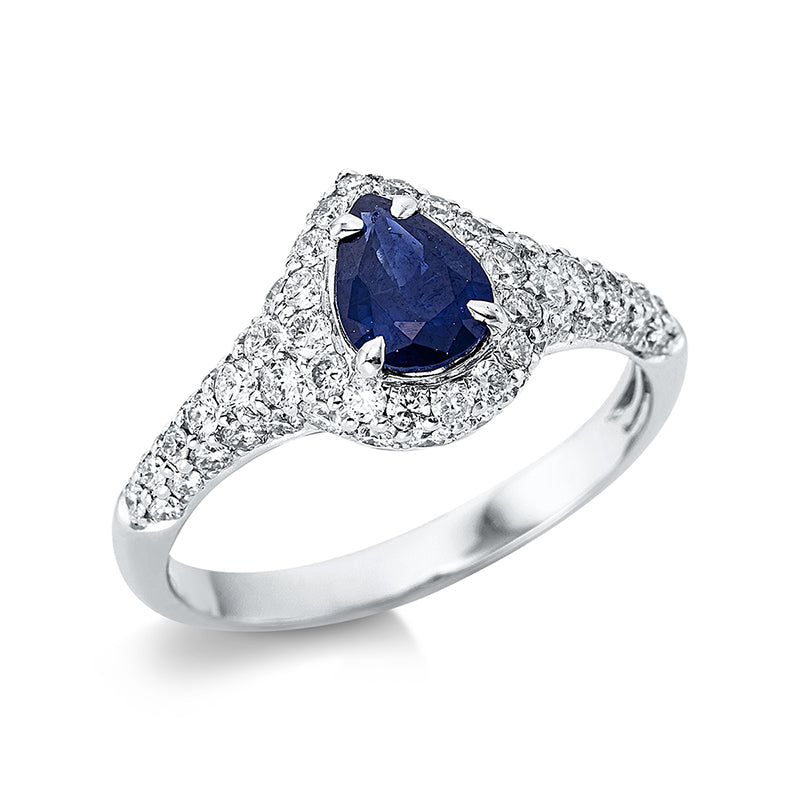 Ring 4er-Krappe 18 kt WG. 6 Brillanten 0.15 ct. TW-si. 56 Brillanten 0.83 ct. TW-si. 1 Saphir 0.84 ct blau. Weite:54