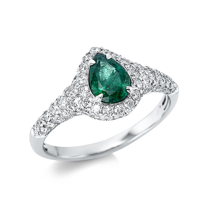 Ring 4er-Krappe 18 kt WG. 6 Brillanten 0.15 ct. TW-si. 56 Brillanten 0.83 ct. TW-si. 1 Smaragd 0.67 ct grün. Weite:54