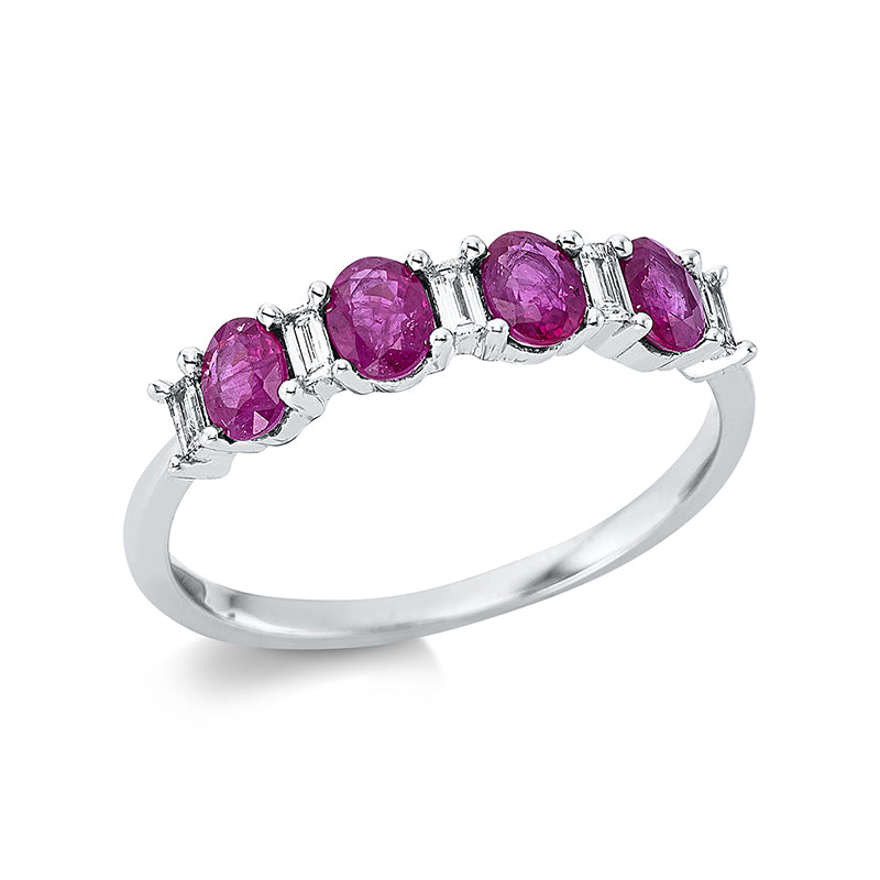Ring 18 kt WG. 5 Baguette 0.11 ct. TW-si. 4 Rubine 0.81 ct rot. Weite:54