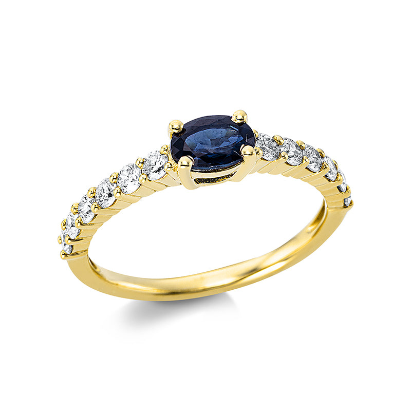 Ring 4er-Krappe 18 kt GG. 12 Brillanten 0.47 ct. TW-si. 1 Saphir 0.65 ct blau. Weite:54