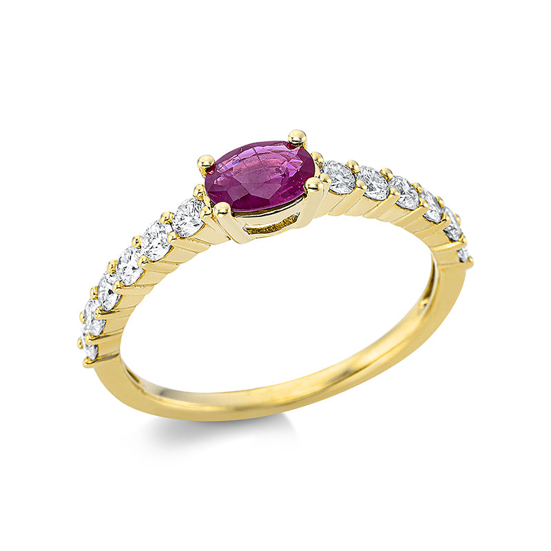 Ring 4er-Krappe 18 kt GG. 12 Brillanten 0.47 ct. TW-si. 1 Rubin 0.38 ct rot. Weite:54
