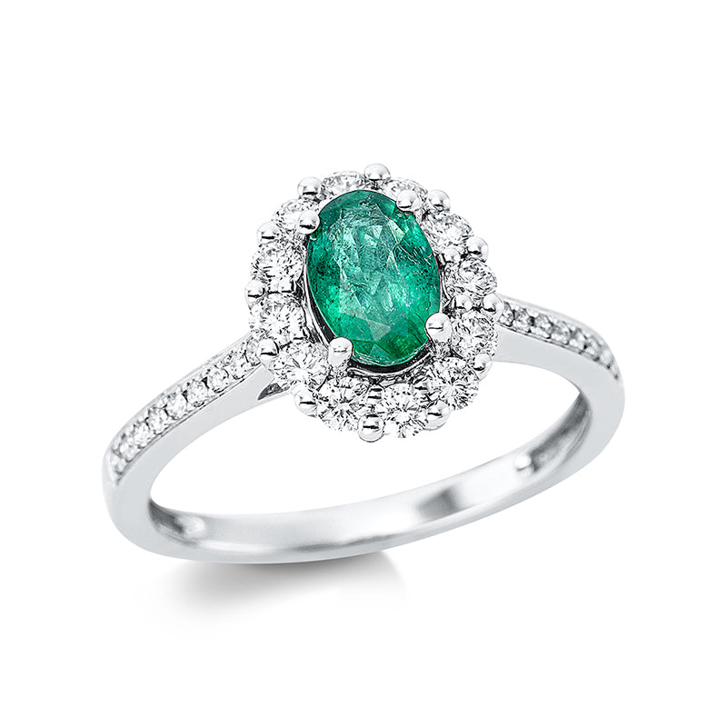 Ring 4er-Krappe 18 kt WG. 12 Brillanten 0.39 ct. TW-si. 18 Brillanten 0.08 ct. TW-si. 1 Smaragd 0.69 ct grün. H:9.3 mm. B:11.1 mm. Weite:54
