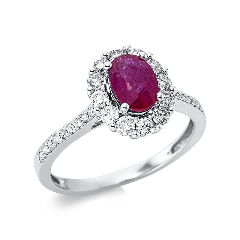 Ring 4er-Krappe 18 kt WG. 12 Brillanten 0.44 ct. TW-si. 18 Brillanten 0.09 ct. TW-si. 1 Rubin 0.96 ct rot. H:9.5 mm. B:11.1 mm. Weite:54