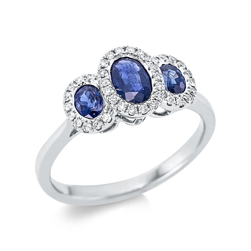 Ring 18 kt WG. 38 Brillanten 0.16 ct. TW-si. 3 Saphire 0.91 ct blau. Weite:54