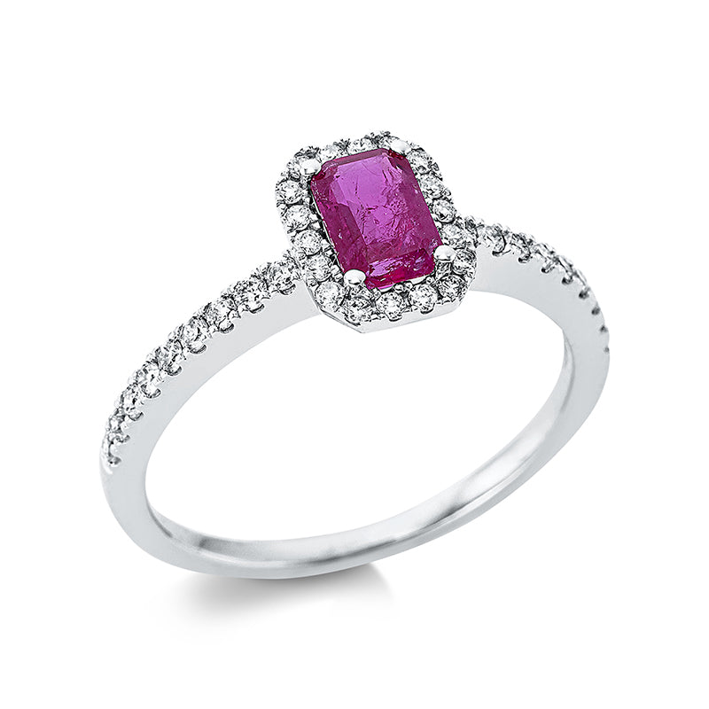 Ring 4er-Krappe 18 kt WG. 36 Brillanten 0.29 ct. TW-si. 1 Rubin 0.56 ct rot. H:6.4 mm. B:8.2 mm. Weite:54