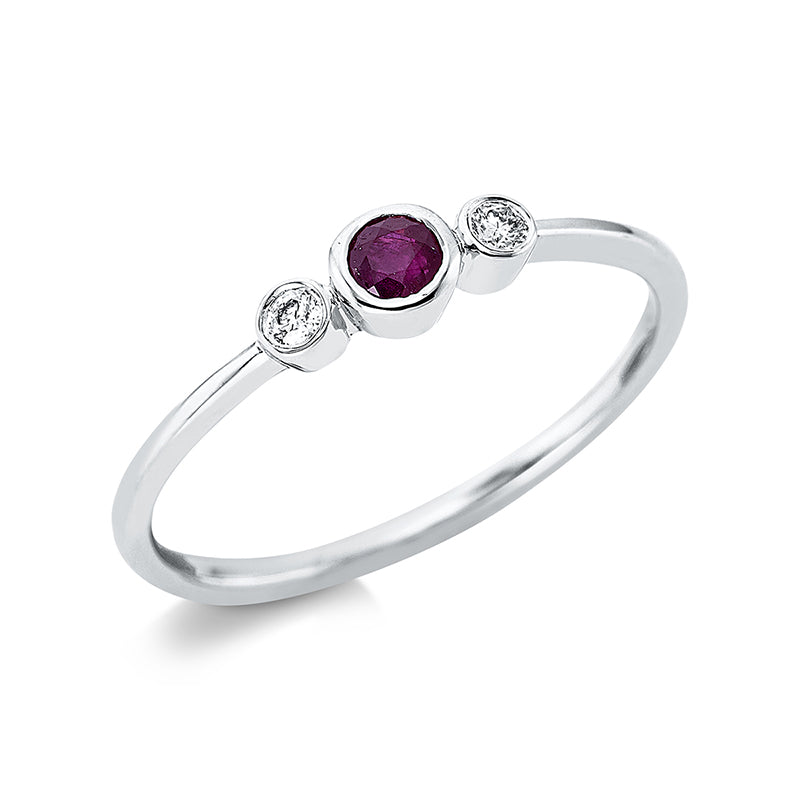 Ring Zarge 18 kt WG. 2 Brillanten 0.05 ct. TW-si. 1 Rubin 0.22 ct rot. B:3.9 mm. Weite:54