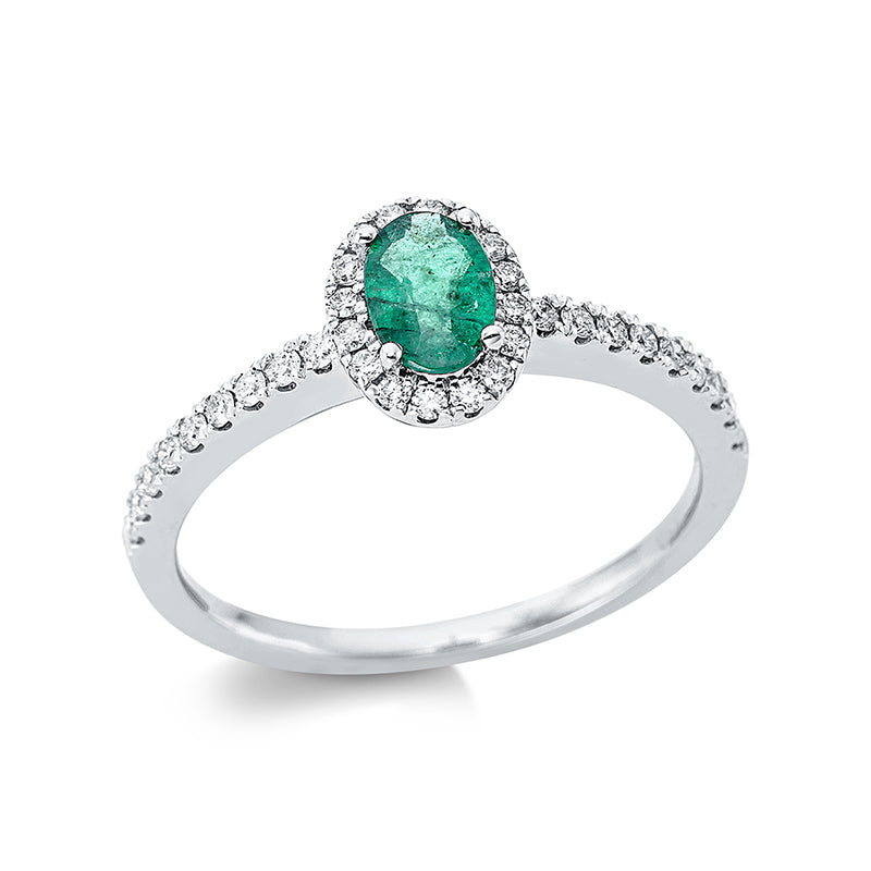 Ring 4er-Krappe 18 kt WG. 34 Brillanten 0.25 ct. TW-si. 1 Smaragd 0.40 ct grün. H:6.4 mm. B:8.3 mm. Weite:54