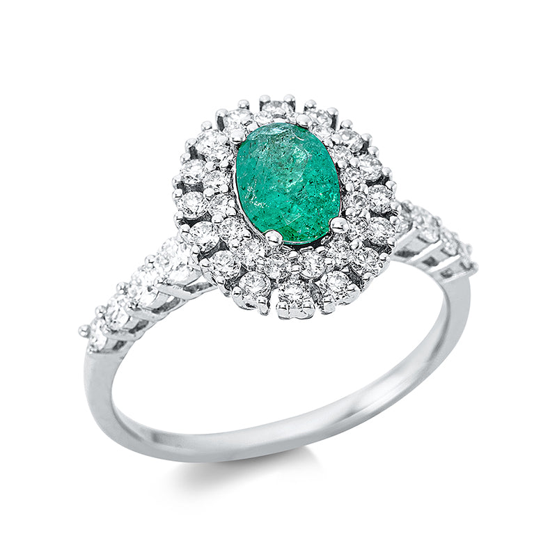 Ring 4er-Krappe 18 kt WG. 6 Brillanten 0.24 ct. TW-si. 34 Brillanten 0.43 ct. TW-si. 1 Smaragd 0.59 ct grün. Weite:54