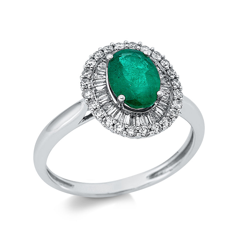Ring 4er-Krappe 18 kt WG. 30 Trapeze 0.24 ct. TW-si. 24 Brillanten 0.22 ct. TW-si. 1 Smaragd 1.12 ct grün. H:11.5 mm. B:13.1 mm. Weite:54