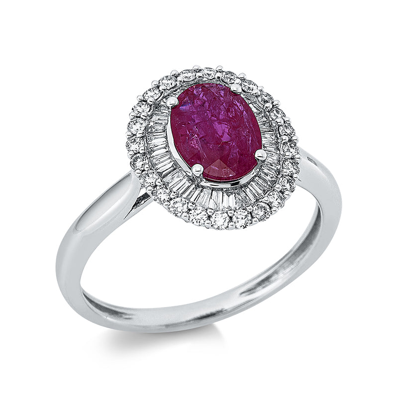 Ring 4er-Krappe 18 kt WG. 31 Trapeze 0.20 ct. TW-si. 24 Brillanten 0.22 ct. TW-si. 1 Rubin 1.06 ct rot. H:11.6 mm. B:13.2 mm. Weite:54