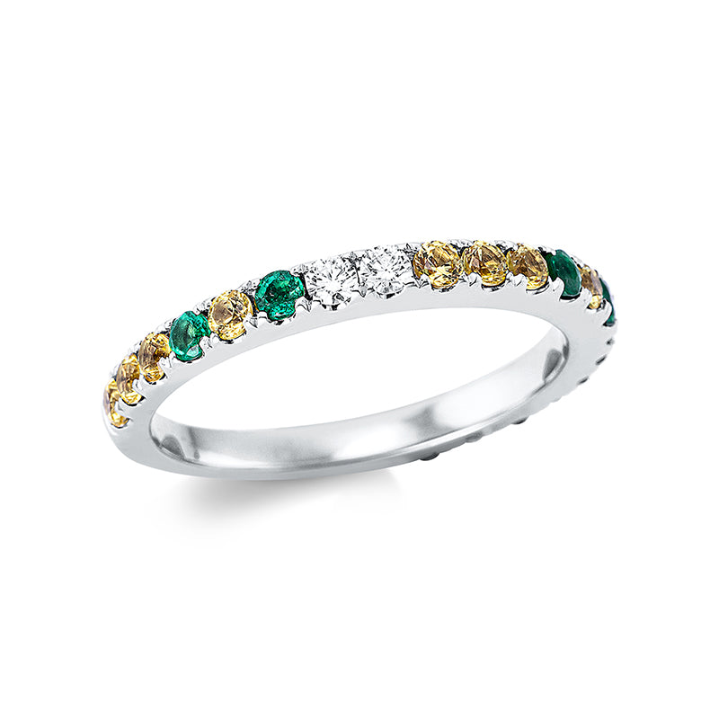 Ring 18 kt WG. 3 Brillanten 0.11 ct. TW-si. 12 Saphire 0.55 ct gelb. 6 Smaragde 0.24 ct grün. Weite:54