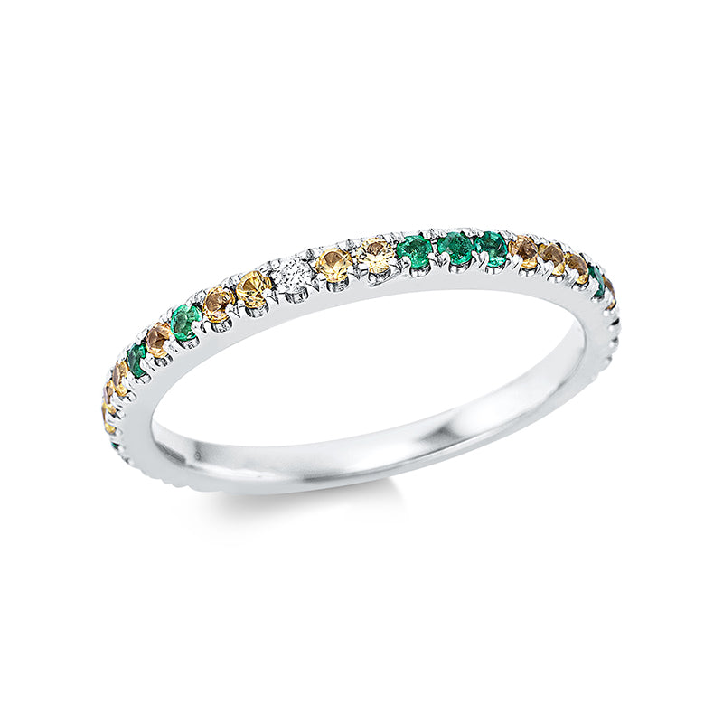 Ring 18 kt WG. 3 Brillanten 0.04 ct. TW-si. 17 Saphire 0.26 ct gelb. 9 Smaragde 0.11 ct grün. Weite:54