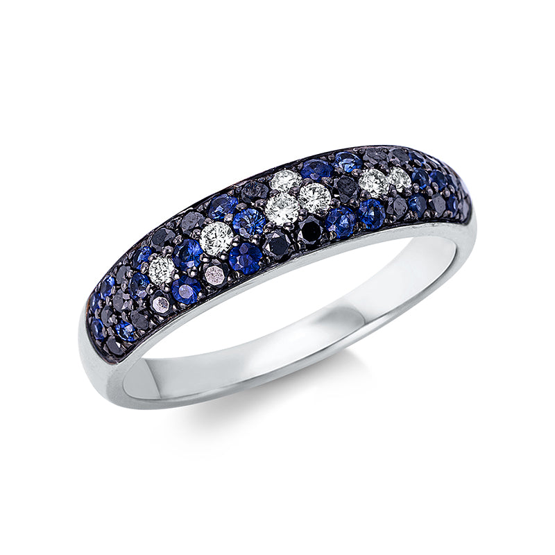 Ring 18 kt WG. teils schwarz rhodiniert. 20 Brillanten 0.27 ct. schwarz. 7 Brillanten 0.12 ct. TW-vsi. 22 Saphire 0.33 ct blau. Weite:54