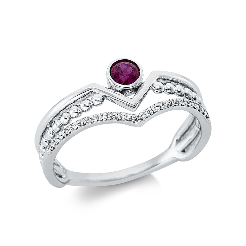 Ring 18 kt WG. 23 Brillanten 0.07 ct. TW-si. 1 Rubin 0.21 ct rot. B:8.3 mm. Weite:53