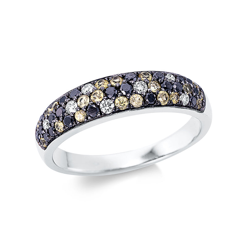 Ring 18 kt WG. teils schwarz rhodiniert. 4 Brillanten 0.07 ct. TW-vsi. 3 Brillanten 0.04 ct. TW-si. 22 Brillanten 0.31 ct. schwarz. 20 Saphire 0.33 ct gelb. Weite:54