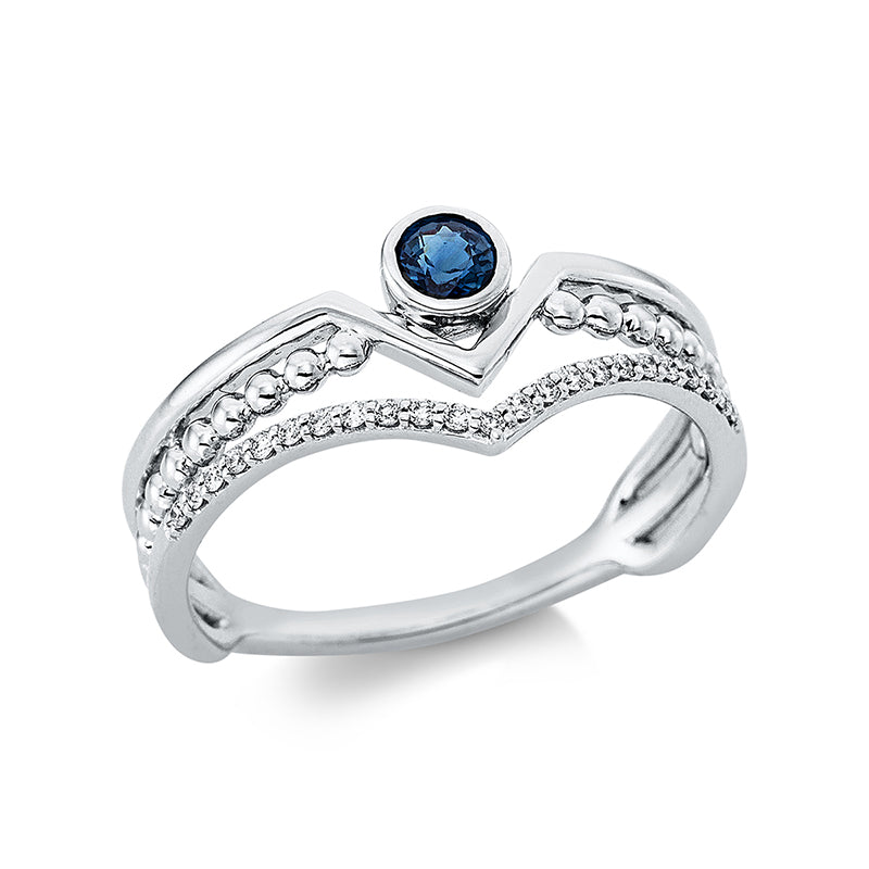 Ring 18 kt WG. 23 Brillanten 0.07 ct. TW-si. 1 Saphir 0.19 ct blau. B:8.3 mm. Weite:53