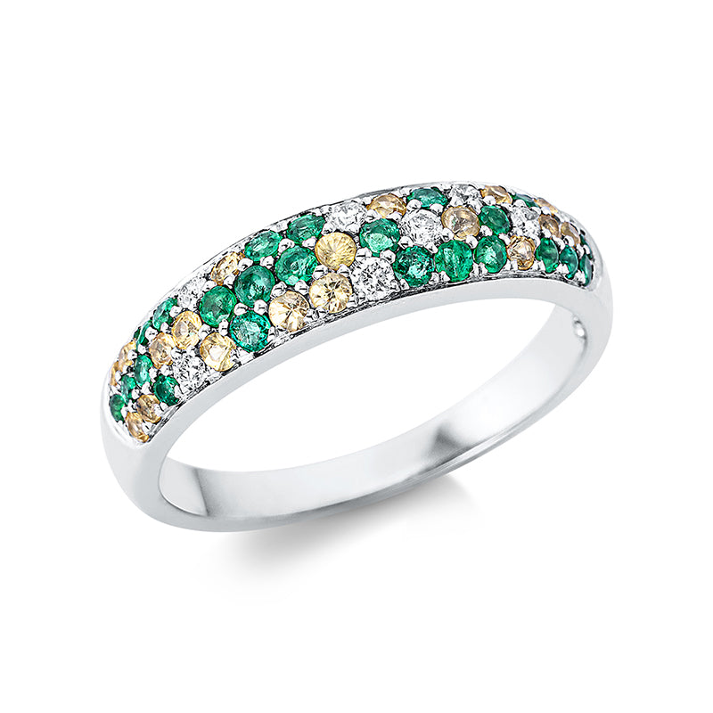 Ring 18 kt WG. 7 Brillanten 0.12 ct. TW-si. 18 Saphire 0.29 ct gelb. 24 Smaragde 0.33 ct grün. Weite:54