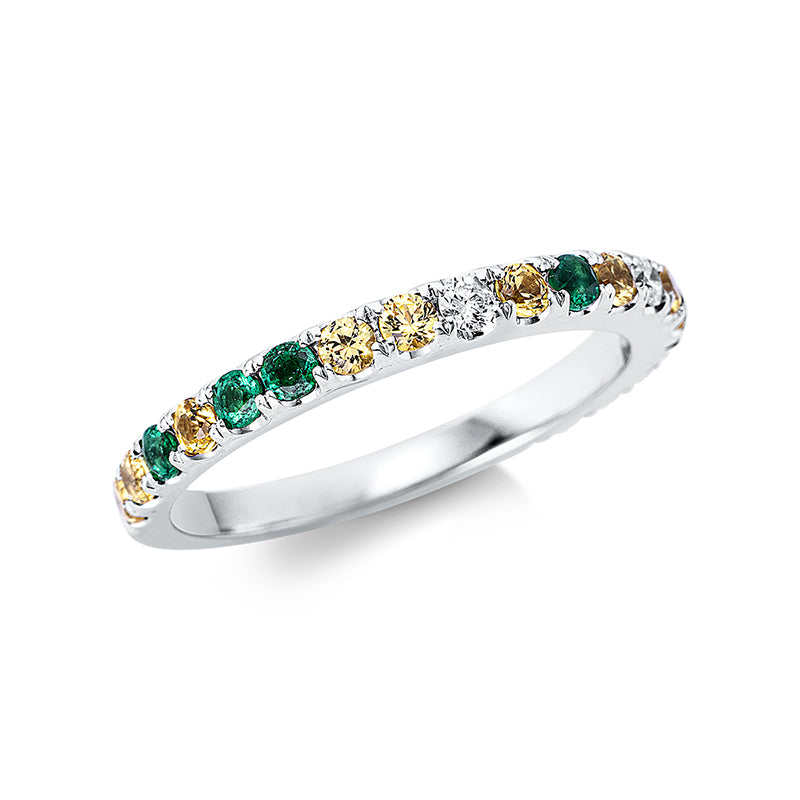 Ring 18 kt WG. 2 Brillanten 0.07 ct. TW-si. 7 Smaragde 0.25 ct grün. 12 Saphire 0.56 ct gelb. Weite:54