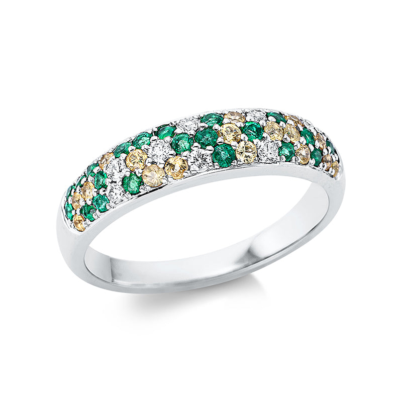 Ring 18 kt WG. 6 Brillanten 0.11 ct. TW-vsi. 2 Brillanten 0.03 ct. TW-si. 18 Saphire 0.29 ct gelb. 23 Smaragde 0.30 ct grün. Weite:54