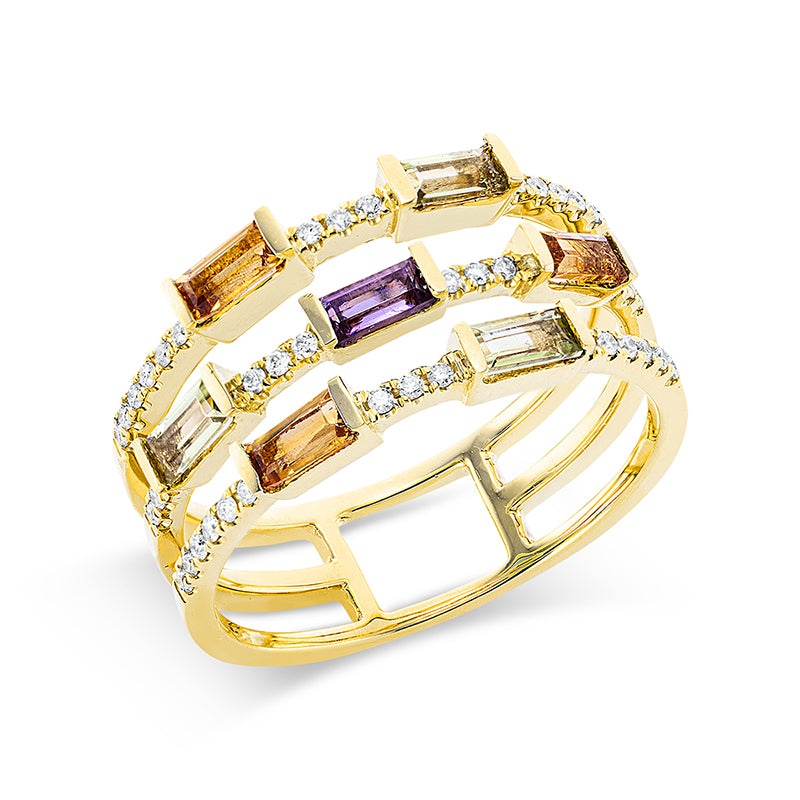Ring 18 kt GG. 42 Brillanten 0.18 ct. TW-si. 3 Citrin 0.29 ct gelb. 3 Peridot 0.34 ct grün. 1 Amethyst 0.09 ct lila. Weite:54