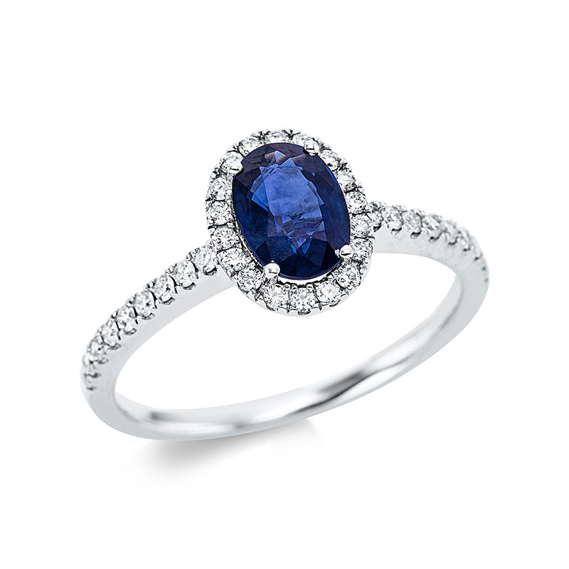 Ring 4er-Krappe 18 kt WG. 36 Brillanten 0.27 ct. TW-si. 1 Saphir 1.07 ct blau. H:7.4 mm. B:9.5 mm. Weite:54