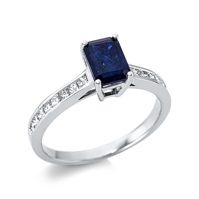 Ring 4er-Krappe 18 kt WG. 16 Princ. 0.36 ct. TW-si. 1 Saphir 1.53 ct blau. H:5.4 mm. B:7.4 mm. Weite:54