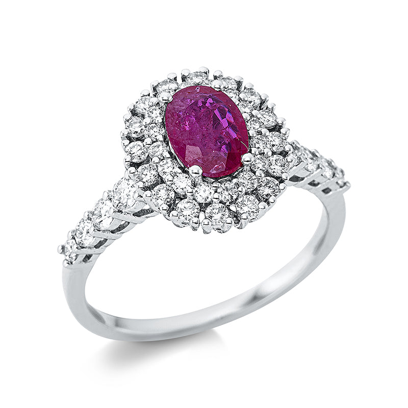 Ring 4er-Krappe 18 kt WG. 6 Brillanten 0.24 ct. TW-si. 34 Brillanten 0.44 ct. TW-si. 1 Rubin 0.92 ct rot. Weite:54