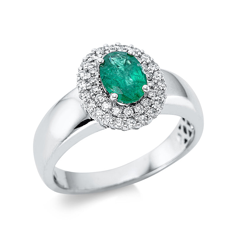 Ring 4er-Krappe 18 kt WG. 40 Brillanten 0.31 ct. TW-si. 1 Smaragd 0.83 ct grün. Weite:54