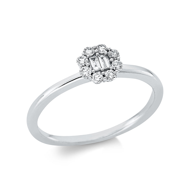 Ring 18 kt WG. 2 Baguette 0.04 ct. TW-vsi/si. 8 Brillanten 0.15 ct. TW-pi. Weite:53